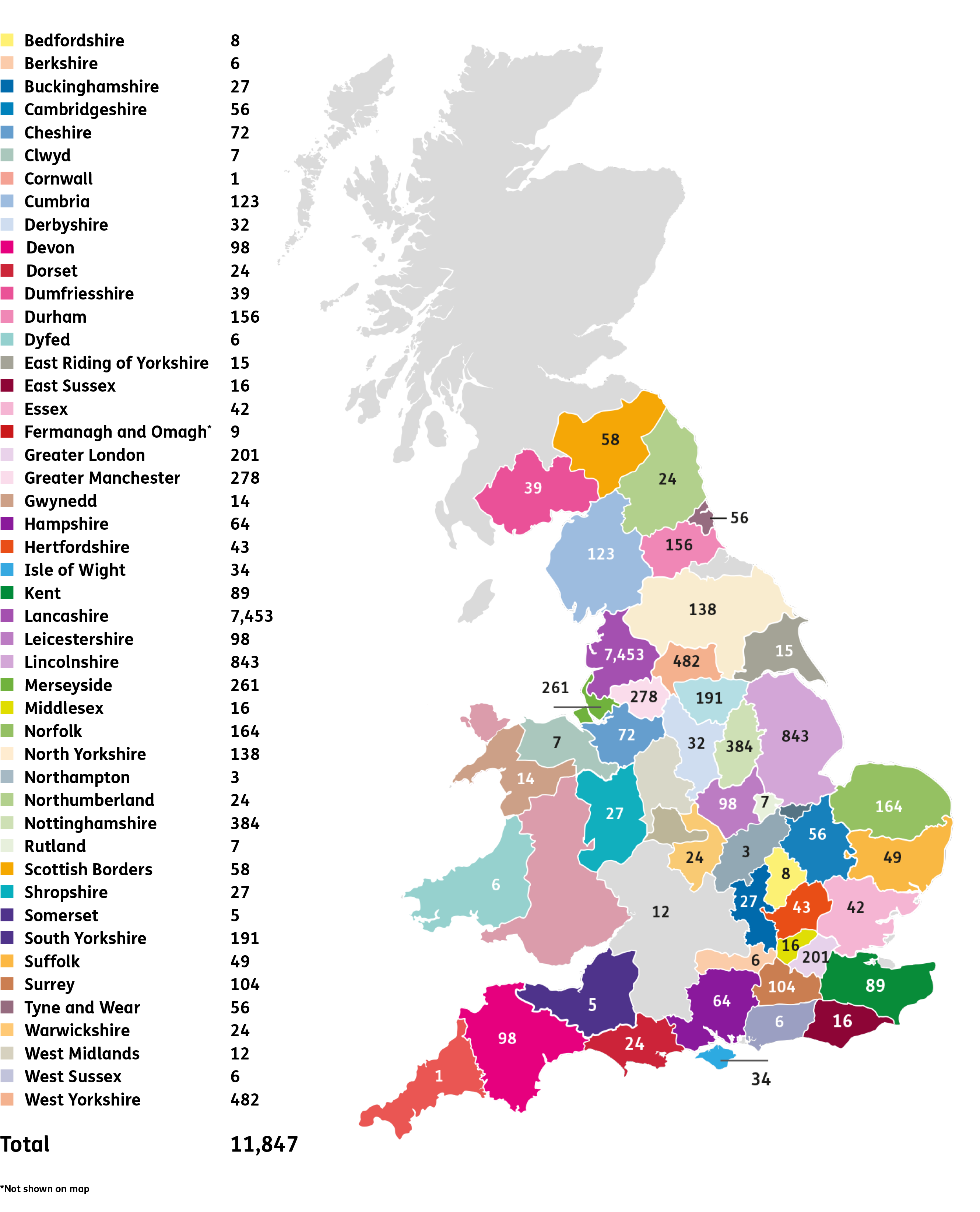 UK map with the number of homes Progress has in each area of the UK